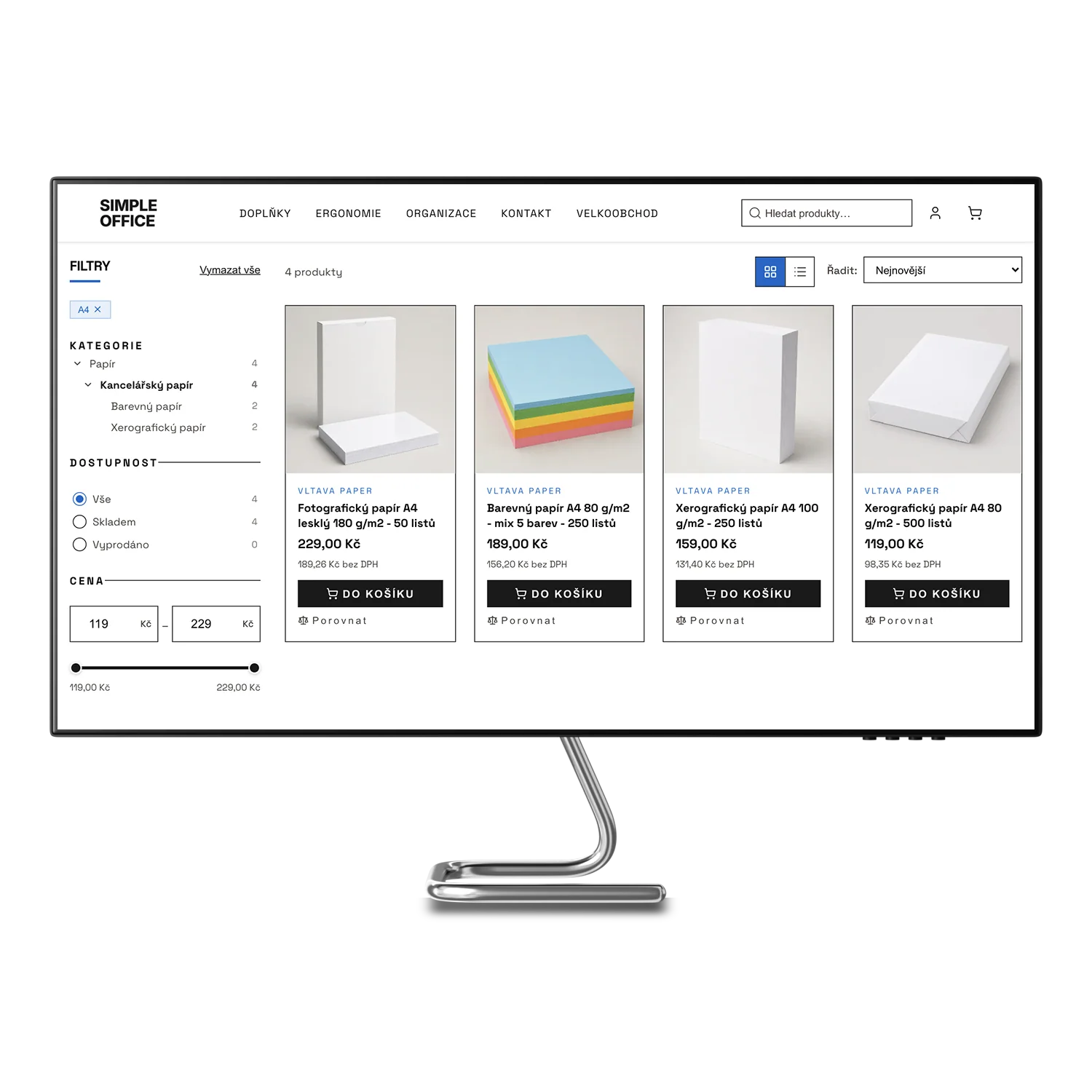 Výpis kategorie v e-shopu s filtry podle gramáže a formátu papíru