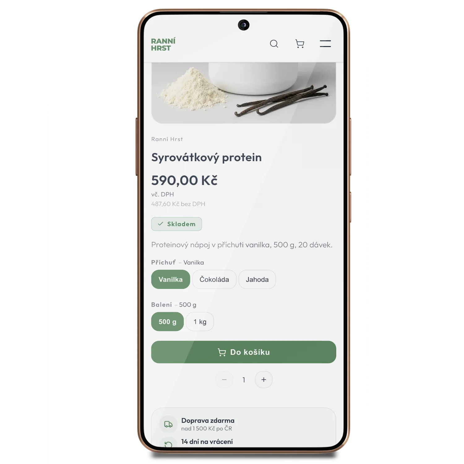 Detail proteinu v mobilu: výběr příchuti a balení, každá kombinace s vlastní cenou a skladem