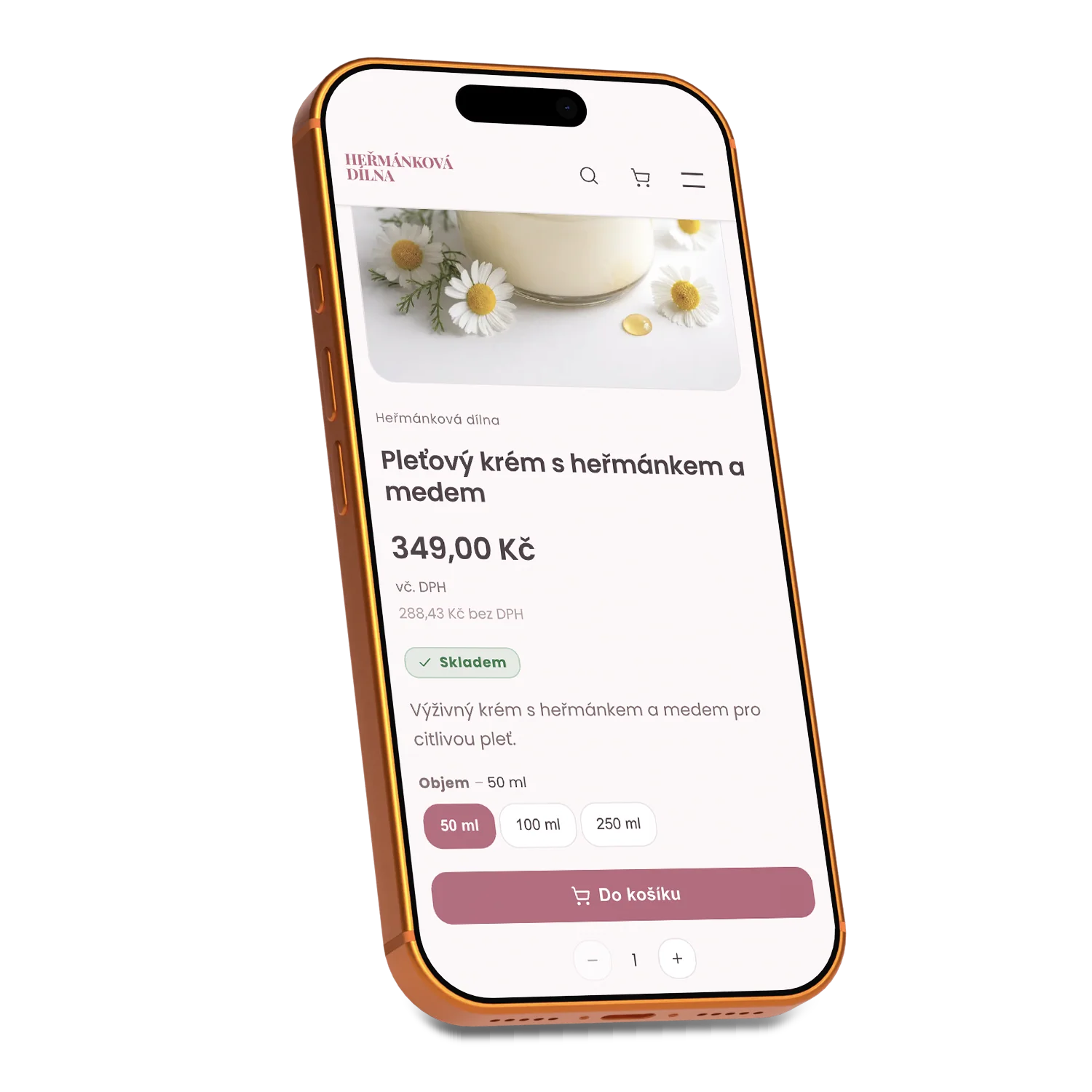 Detail pleťového krému v mobilu: výběr objemu 50, 100 nebo 250 ml s cenou u každého
