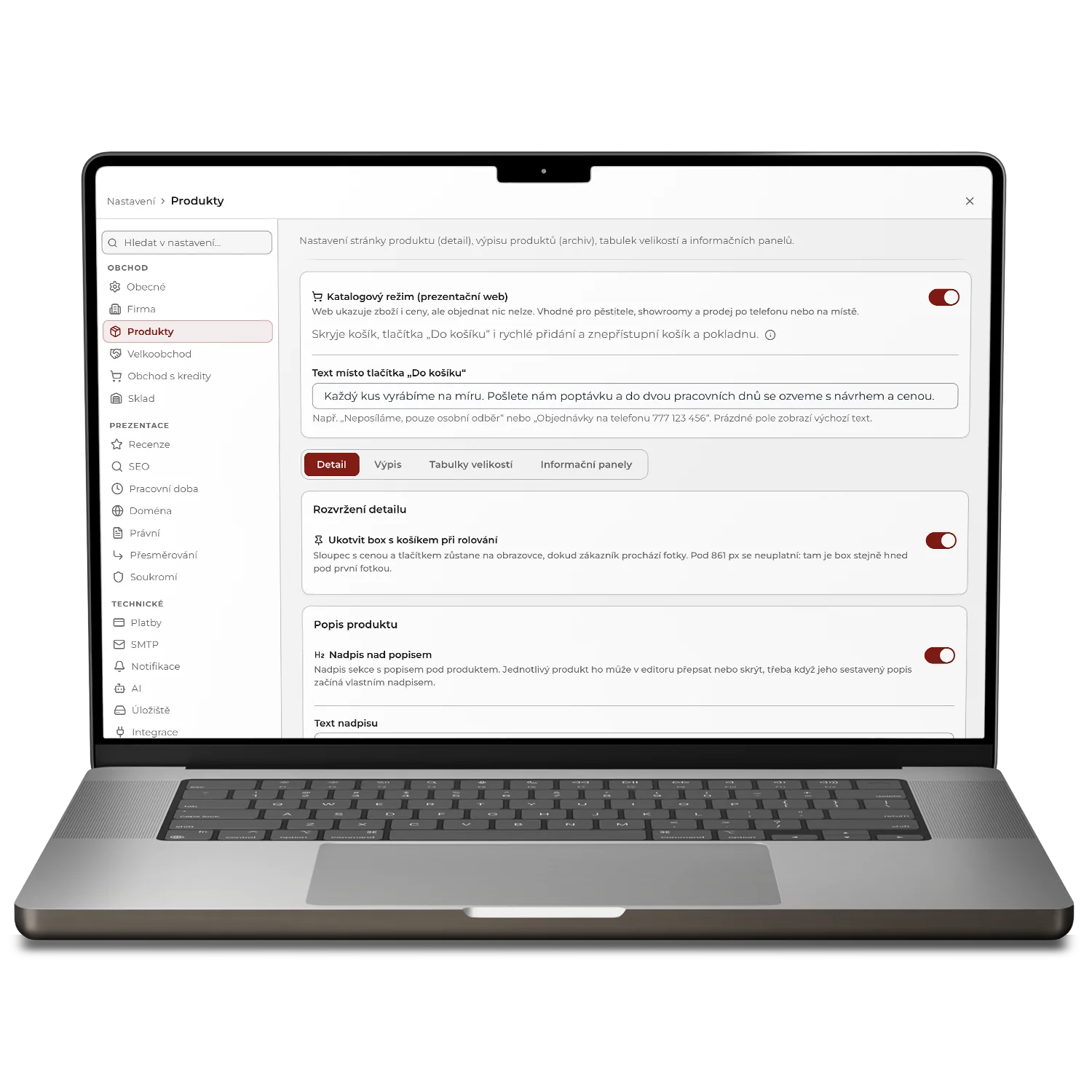 Nastavení v administraci SHOPZI: katalogový režim prezentačního webu, prodej se zapne jedním přepínačem
