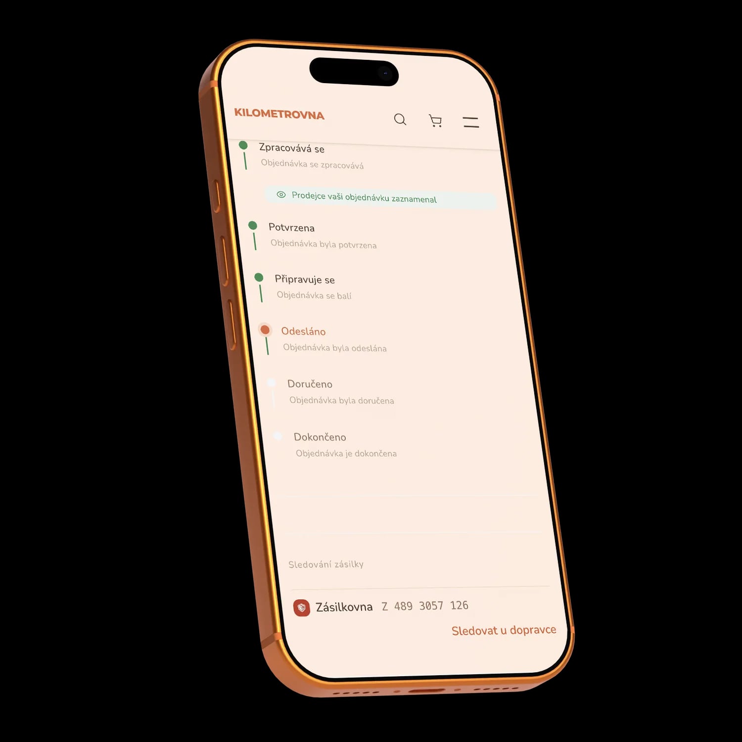 Sledování objednávky v mobilu: stav zásilky na cestě a číslo balíku u dopravce
