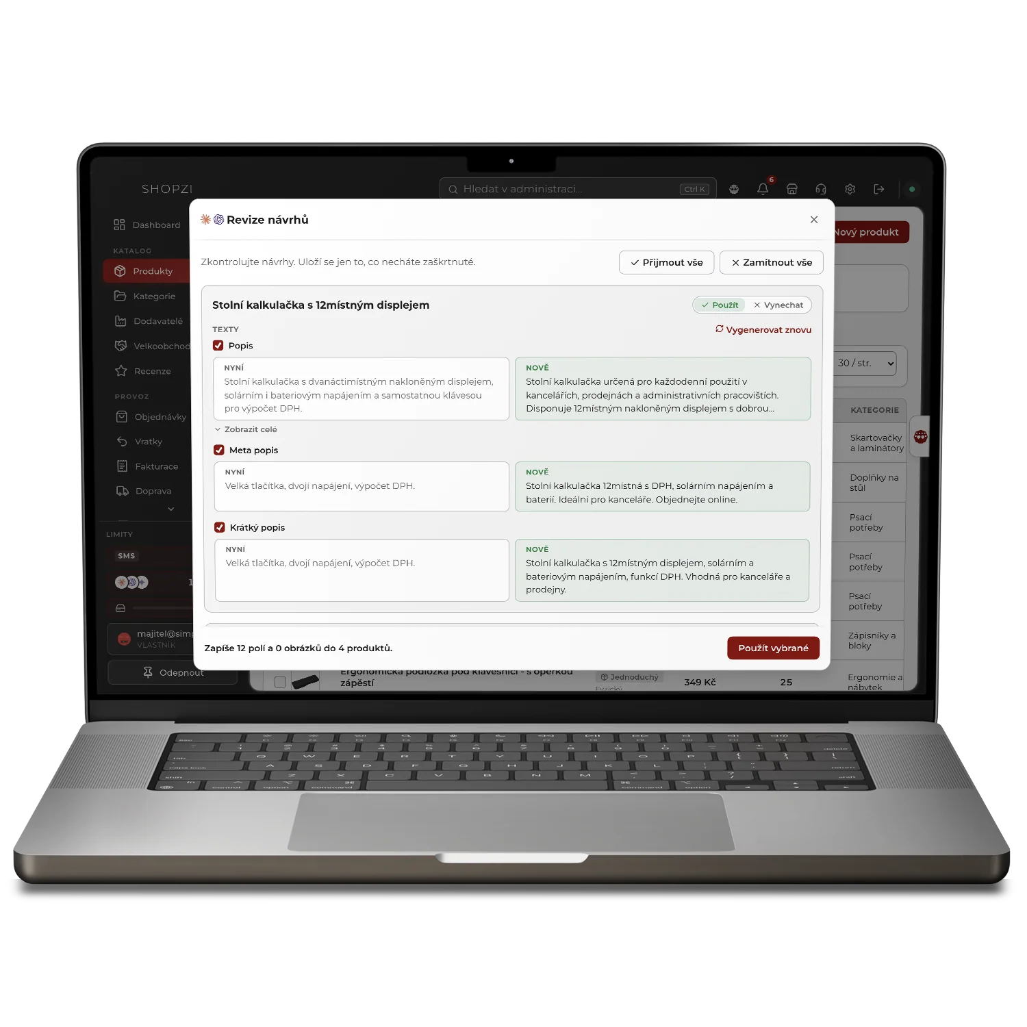 Revize návrhů Agenta v administraci SHOPZI: u každého produktu původní text vedle nového a volba Použít nebo Vynechat